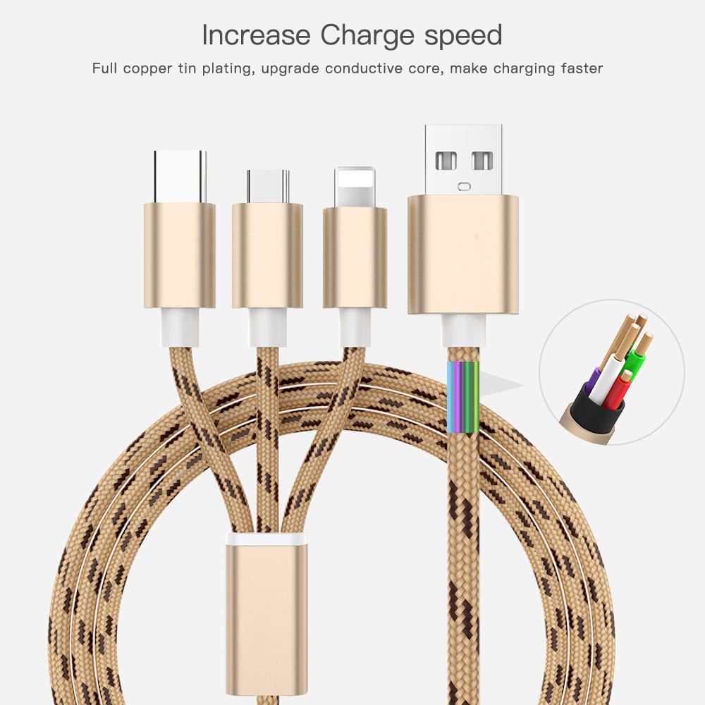 3 In 1 USB Charger Cable for iPhone Micro USB Type C Cable for Fast Charging Cable Charger Cord