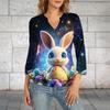 Damen 3/4 Ärmel Oberteil Saum V-Ausschnitt Sommer Freizeit T-Shirt Ostern Bedrucktes Oberteil