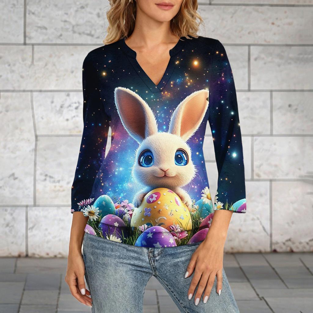 Damen 3/4 Ärmel Oberteil Saum V-Ausschnitt Sommer Freizeit T-Shirt Ostern Bedrucktes Oberteil