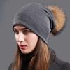 Damen Echter Waschbärfell Bommelmützen Beanies Herbst Winter Warm Einfarbig Mützen Für Frauen Mode Baumwolle Skullies Dünne Mütze