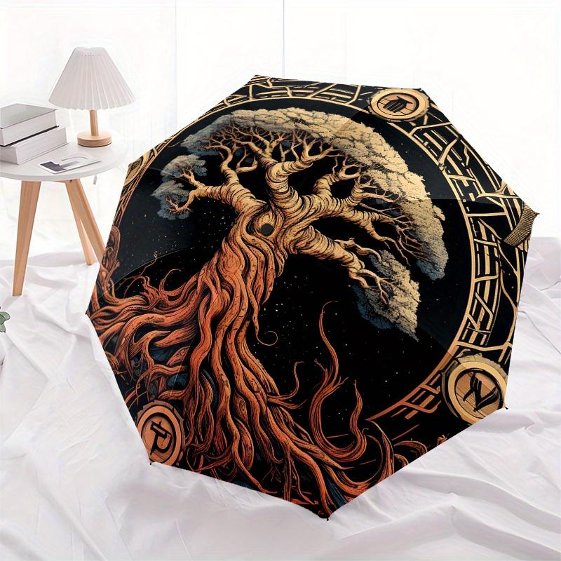 Tree of Life Circular Wall Art DecorUmbrella, Portable 3-Fold Compact Umbrella for Men & Women Gift