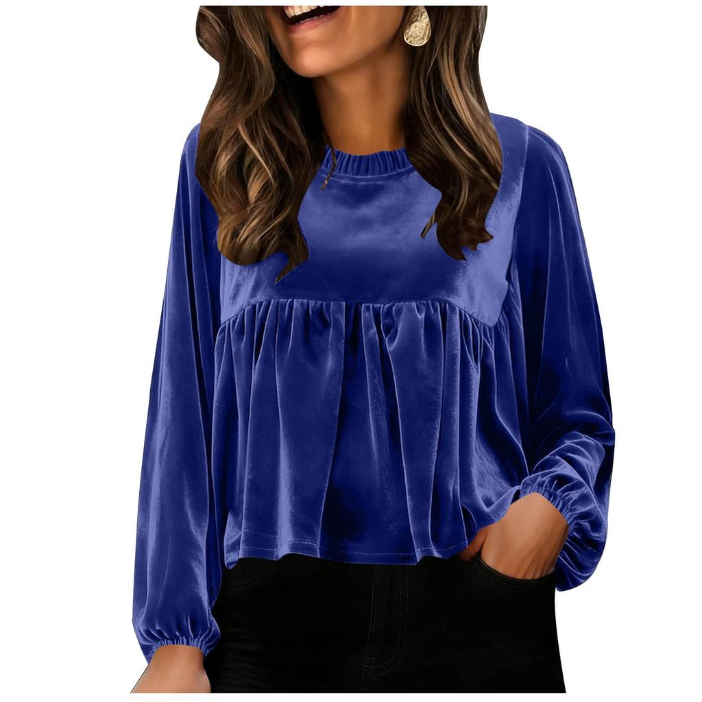 Women Loose Crewneck Babydoll  Long Sleeve Elegant Sleeve Velvet Blouse