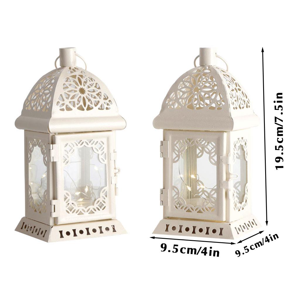 2Pcs Vintage Candle Holder Lantern Retro Metal Candle Lantern White Hanging Lantern with LED Fairy Light for Tabletop Home Decor