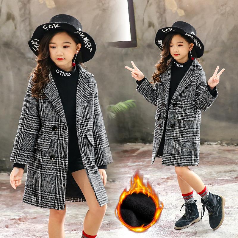Autumn and Winter Children's Houndstooth Tartan Coat Medium and Large Girls Warm Thick Coat