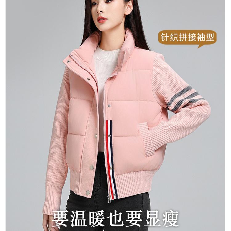 Cotton clothes women's short autumn and winter new small fragrant style stand-up collar loose splicing knitted loose casual jacket jacket cotto