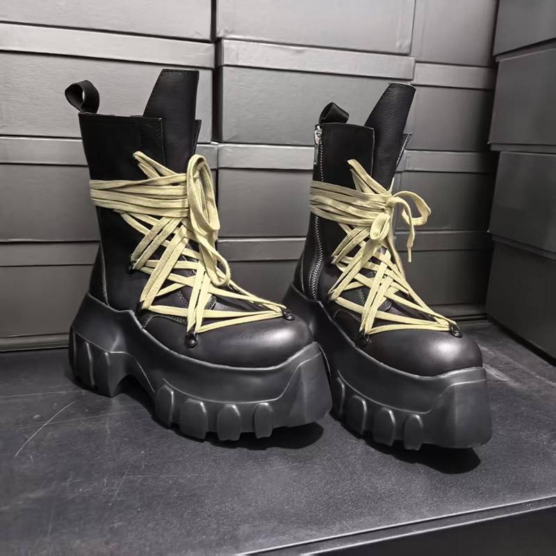 Buty Muffin na Wysokiej Platformie, Krzyżowe Paski, Okrągły Nosek, Płaskie Platformy, Botki Motocyklowe w Stylu Vintage, Skóra Naturalna, Boczne Zamki Błyskawiczne, Buty Męskie