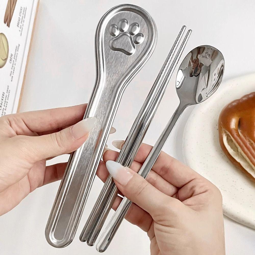 304 Stainless Steel Travel Tableware Set With Cat Paw Box Curlty Set Chopsticks Spoon Set Student