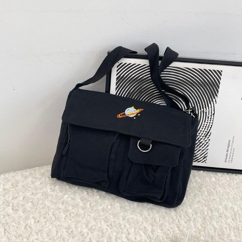 

93 Простая однотонная сумка с мультяшным узором, многокарманная, на плечо, из парусины, сумка-мессенджер для поездок чёрный