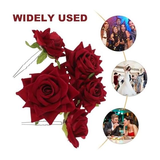 Lurrose Red Hair Clips Set of 4, Bridal Wedding Hair Accessories, Bride Hair Ornaments, Lightweight 43G, Kanzashi-style Hairpins, Realistic Rose