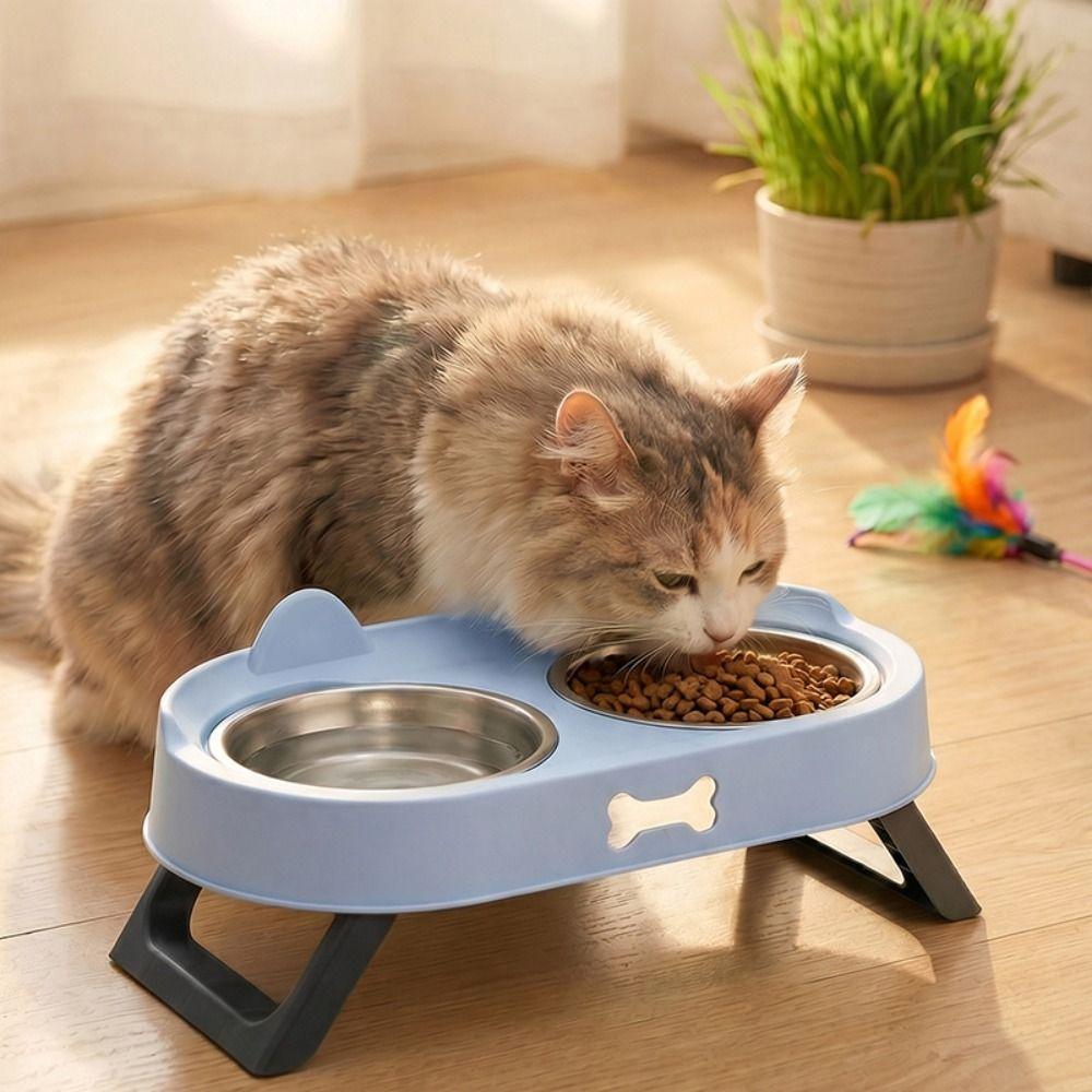 Double Bowl Raised Pet Feeder Stainless Steel Cat Feeding Dish Cat Bowl with Stand For Small Dogs