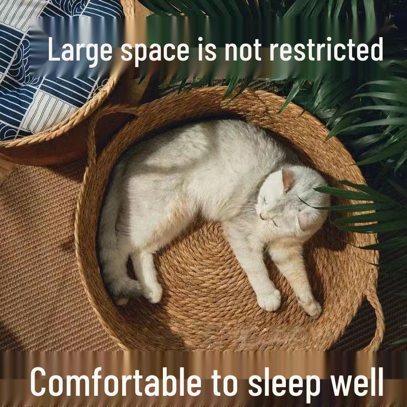 Cattail Woven Cat Bed: Summer Cooling Japanese Style, Scratch Pad, Pet Nest for All Seasons