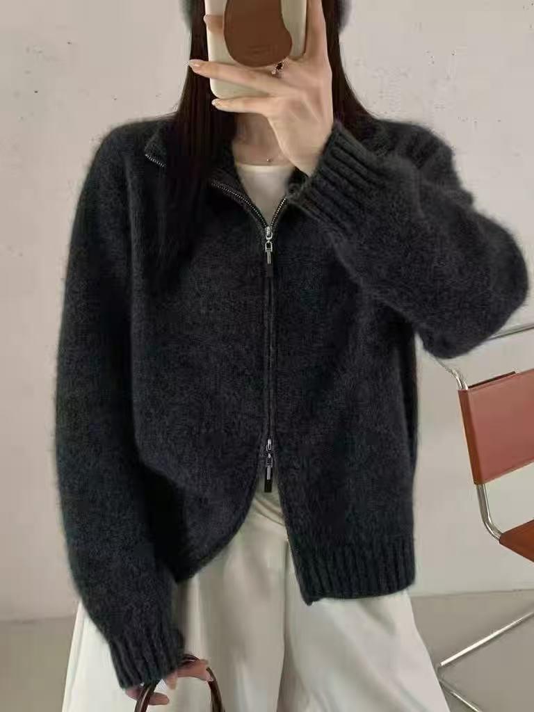 Women's 2026 Autumn/Winter Pure Wool Stand Collar Double Zipper Cardigan Sweater