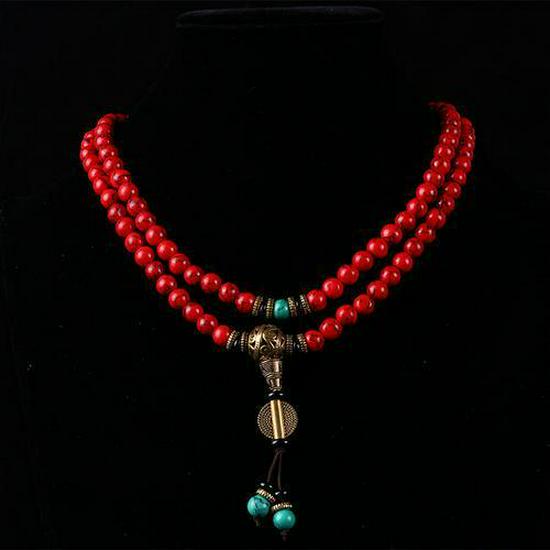 Original 108 Beads Ethnic Turquoise & Red Buddhist Mala Bracelet for Women