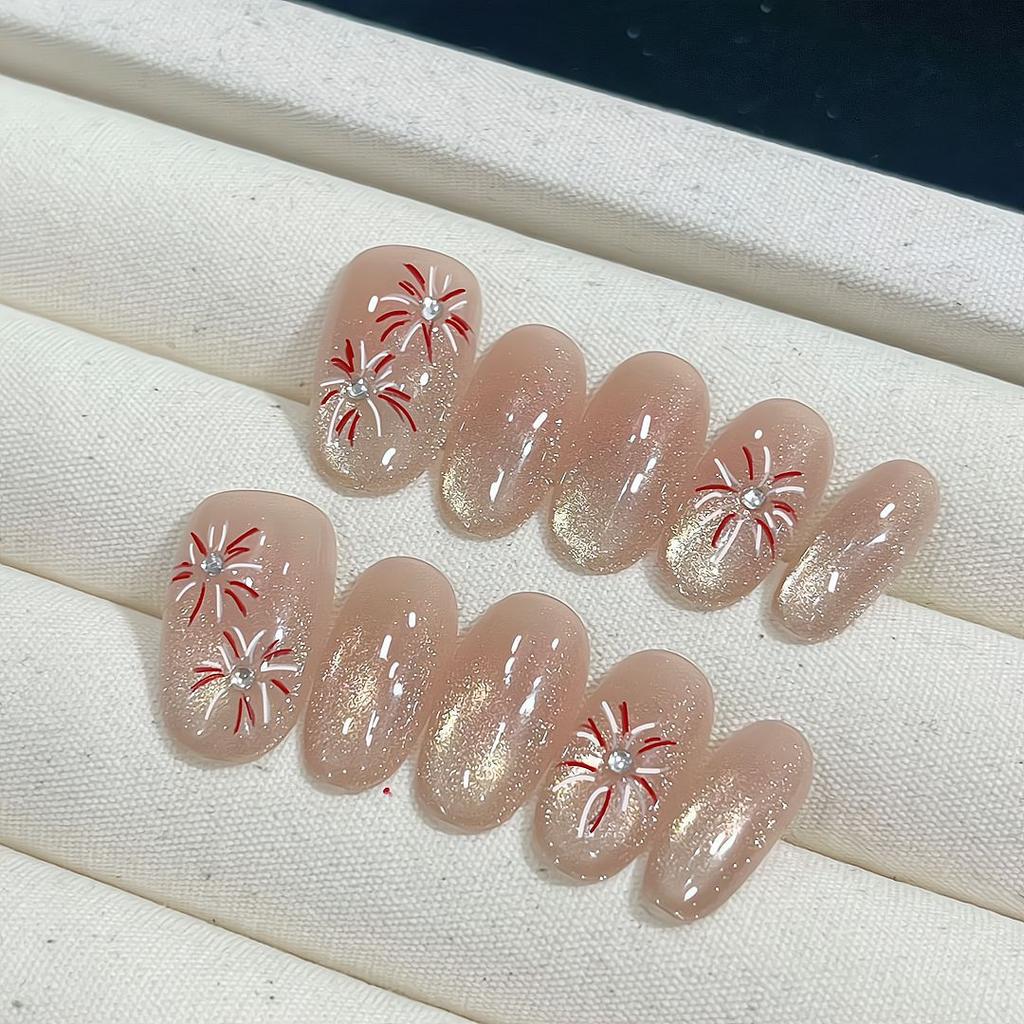 Press On Nails Cat Eye Fake Nails with Glitter Design Artificial Acrylic Nails Glossy False Nails Full Cover Stick On Nails Glue On Nails for Women