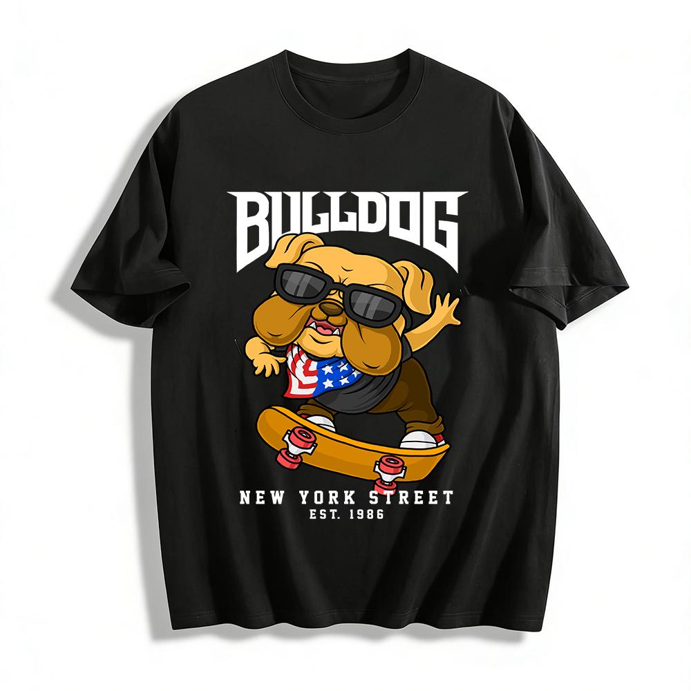 

Cool Skateboarding Bulldog Print Casual Streetwear Top Pure cotton T-shirt XXS