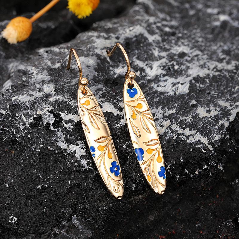 Hand-painted Floral Ceramic Drop Earrings, Bohemian Style Long Oval Earrings for Women, Vintage Blue & White Flower Jewelry Gift