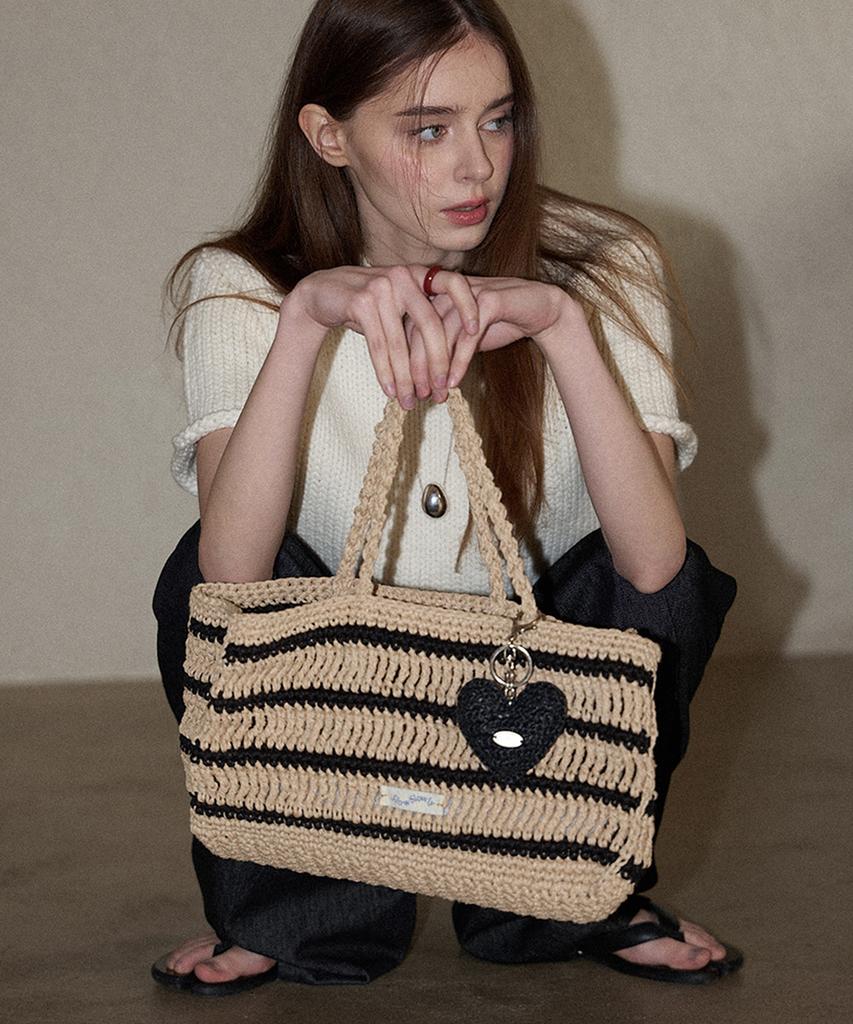 Slowslowly Moroccan Handmade Crochet Stripe Wide Tote Bag _ Beige