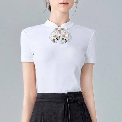 Chinese Style Short-sleeved T-shirt for Women New Women's Stand-up Collar Button-up T-shirt for New Chinese Embroidered Waist Top