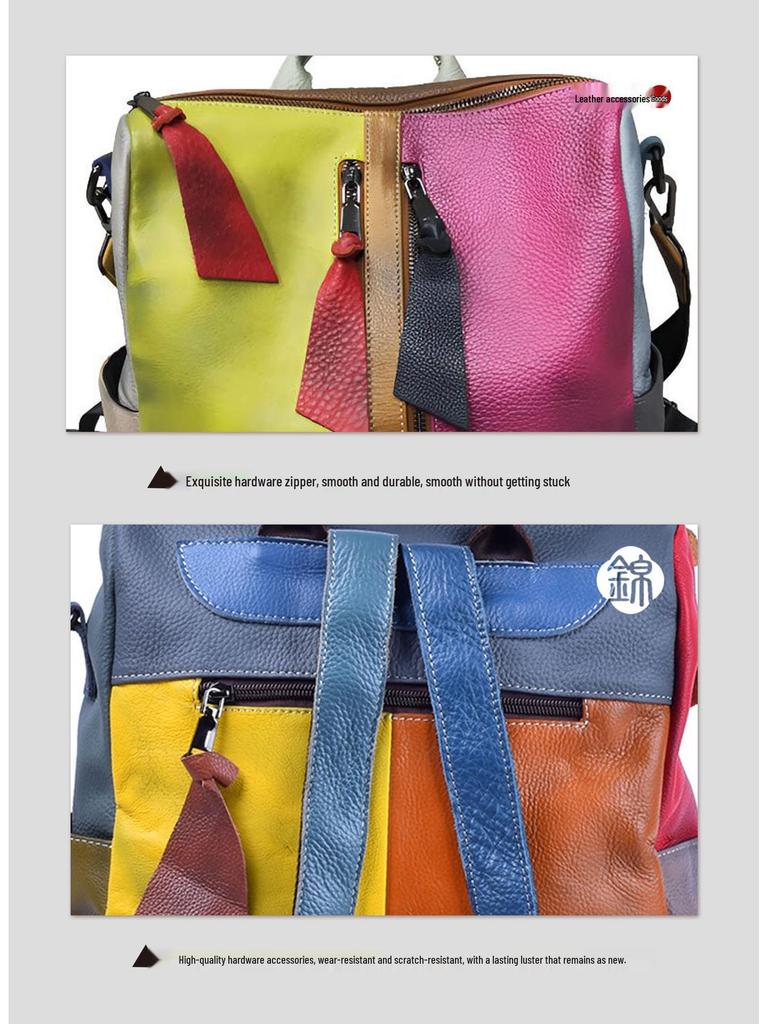 Retro Skórzana Patchworkowa Kolorowy Blok Telefon Torba na Telefon & Plecak z Podwójnym Paskiem