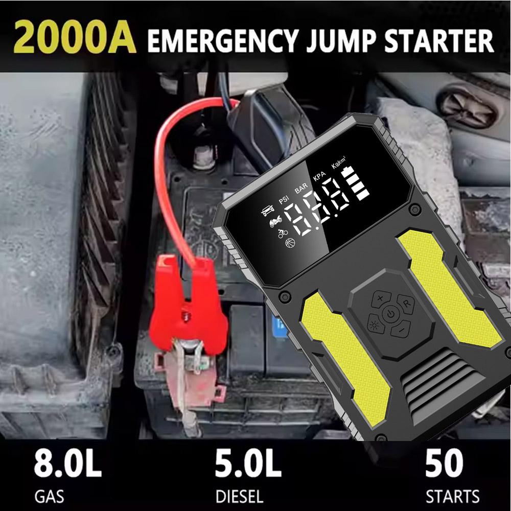 Car Jump Starter 2000A 29600mWh Portable Truck & Motorcycle Tire Inflator Power Bank with LED Flashlight
