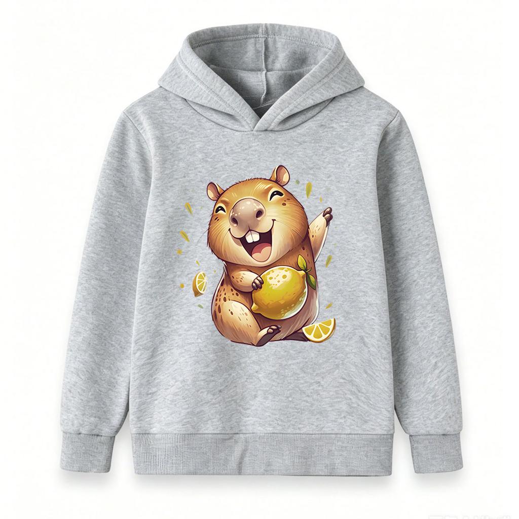 Kids Boys Girls Hooded Sweatshirt, Cute Happy Capybara Holding Lemon Print Pullover Hoodie, Soft Casual Long Sleeve Top for Children Daily Wear