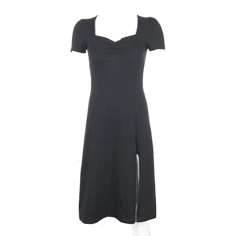 Short-sleeved Dress Summer Sexy Split Fork Pleated Waist Court Style Retro Square Collar Slim and Thin Little Black Dress Woman
