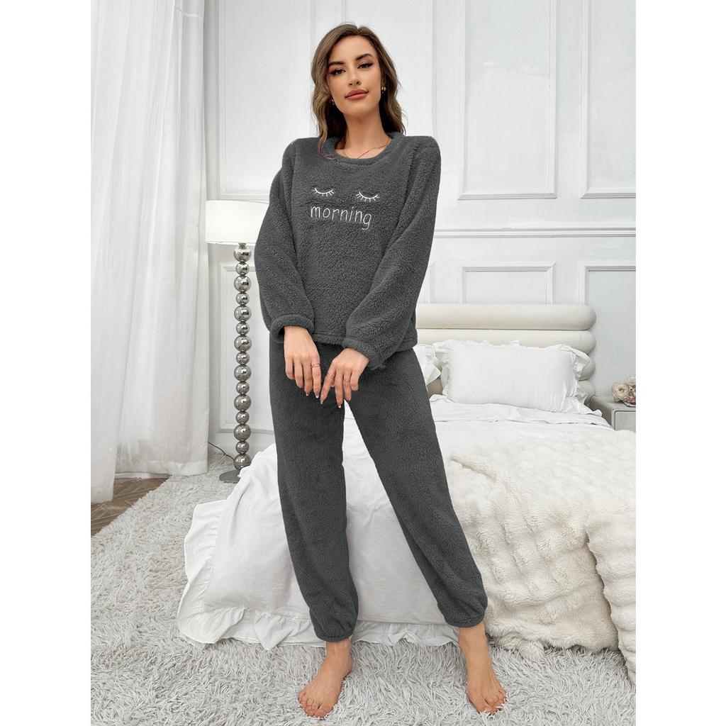 Damen Flauschiger Pyjama Set - Lässiger Rundhalsausschnitt Langarm Besticktes Buchstabenmuster - Teddy Flauschiger Lässiger Pyjama für Winterwärme, Oberteil und Hose