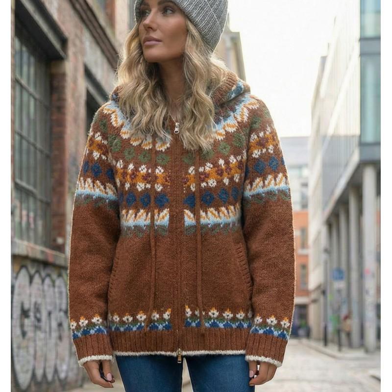 Womens Oversized Cropped Hooded Knit Cardigan With Fair Isle Soft Warm Sweater Coat Fall Winter Casual