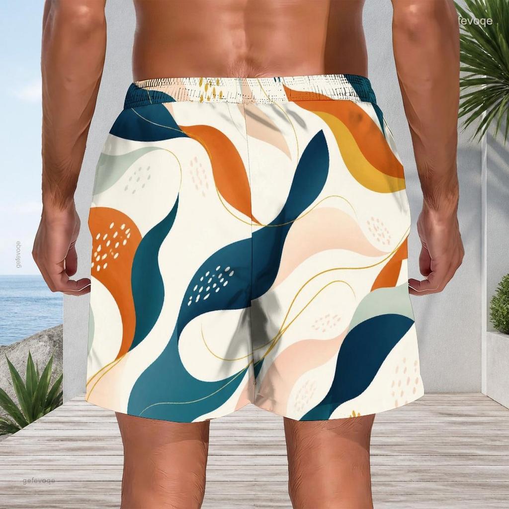 Men Plus Size Colorful Printed Beach Shorts Drawstring Waist Side Pockets Straight Leg