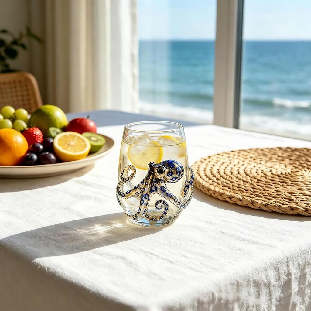 3D Artisanal Blue Ringed Octopus Glassware Handcrafted Marine Animal Bar Glass for Coastal Home Decor Ocean Lovers