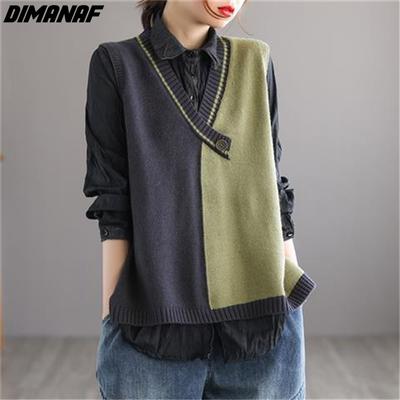 DIMANAF 2024 Sweaters Autumn Wool Vest Sleeveless V-Neck Casual Women Basic Vest Patchwork Clothing Big 2022 New