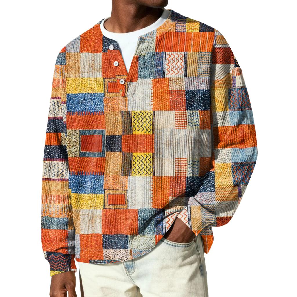 Męski sweter z dzianiny prążkowanej z długim rękawem, z kołnierzykiem zapinanym na guziki