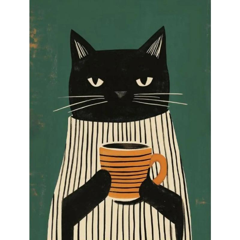 Whimsical Black Cat Drink Coffee Poster For Bedroom Nursery Cartoon Animal Canvas Painting Cute Cat Illustration Print Wall Art