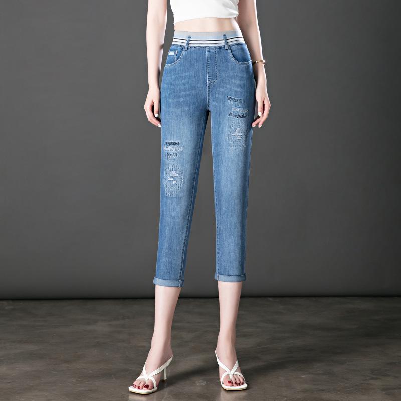 

7059 High-Waisted Cropped Cuffed Jeans for Middle-Aged Women - Nine-Tenths Length for Spring and Autumn 30 светло-синий