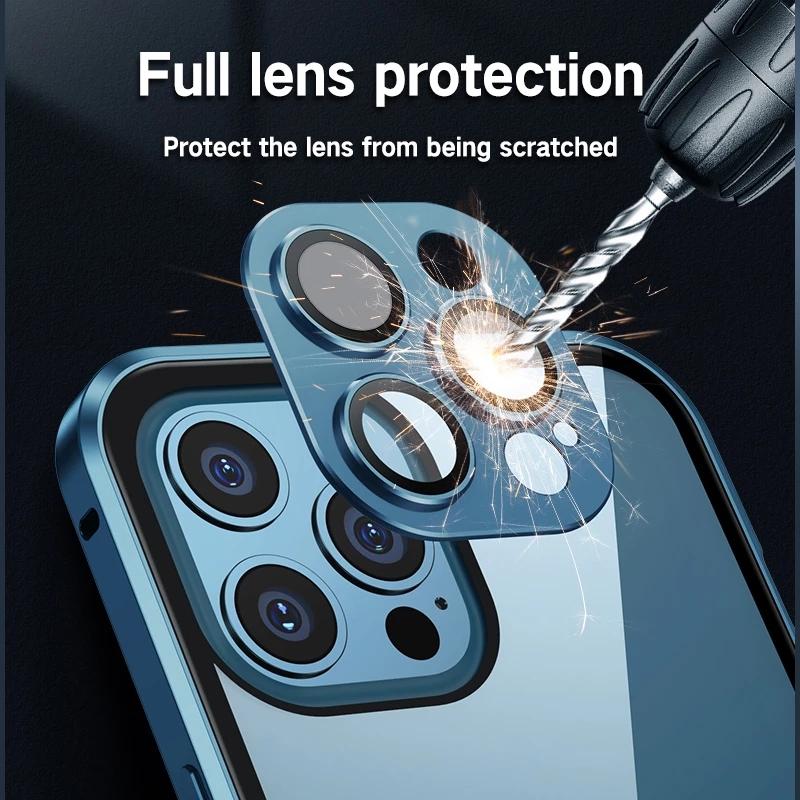 Luxusní kovové pouzdro na telefon s magnetickou adsorpcí pro iPhone 15 11 12 13 14 Pouzdro na objektiv Pro Max X XR XSMax Ochranné sklo 360°