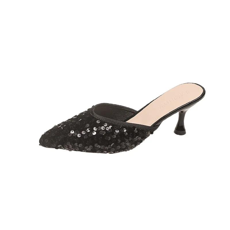 Luxury Women's 2024 Summer Korean Edition Sequin Heel High Heel Slippers for Women's Outwear Pointy Slippers