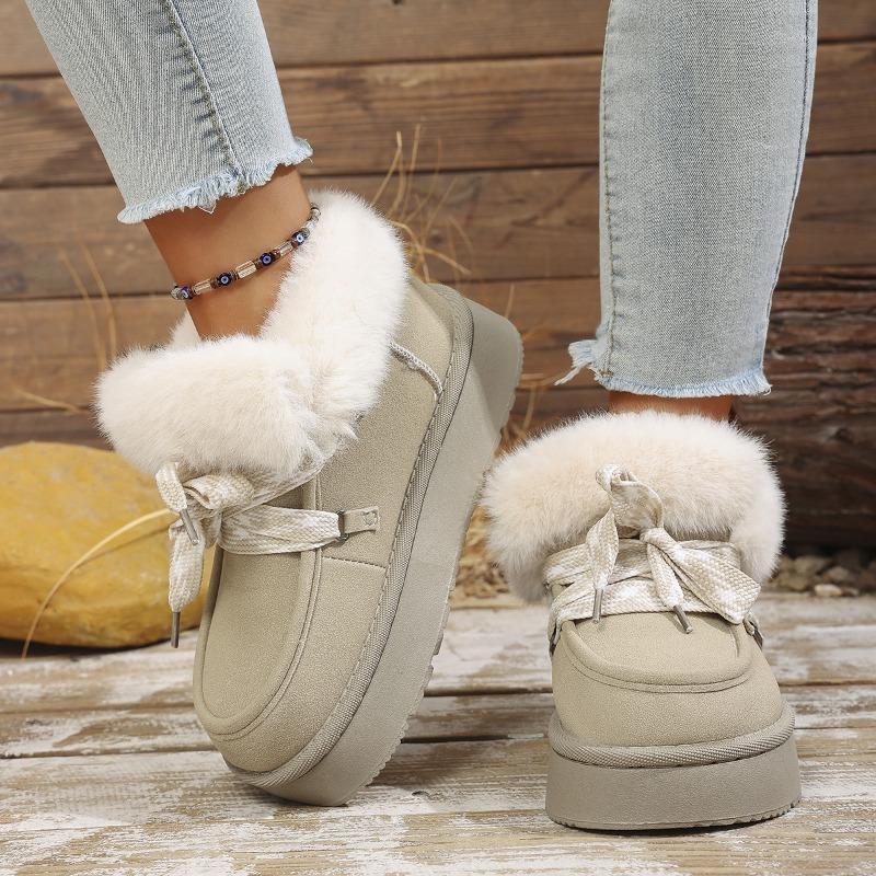 Winter New Lace-up Thick-soled Wool Wool Cotton Shoes 2025 Plus Size Muffin Fleece Warm Snow Boots for Women