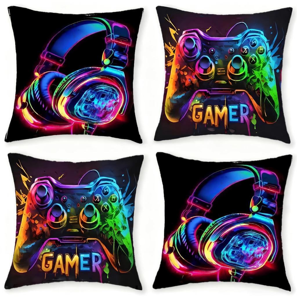 Set of 4, Gaming-Themed Pillow Covers Featuring Designs of Game Controllers And Headphones, Stylish And Trendy, Available In Multiple Sizes Including