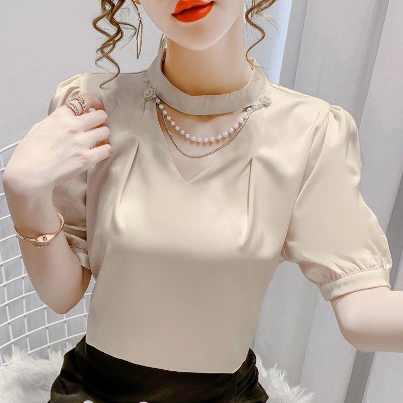Women Summer Style Blouses Shirts Lady Fashion Casual Puff Short Sleeve O-Neck Solid Pearl Blouses Tops