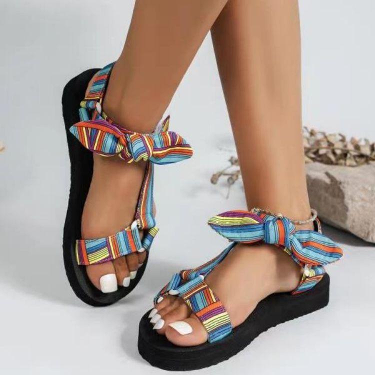 2025 Summer Large Size Beach Shoes Female Velcro Bow Round Head Flat Bottom Leopard Print Sandals Female Elegant Generous Shoes