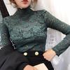 Autumn Spring Sexy Women Long Sleeve Lace Blouses High Collar Inner Wear Lace Crochet Shirt Base Tunic Top Perspective Vintage Bottom Blouse