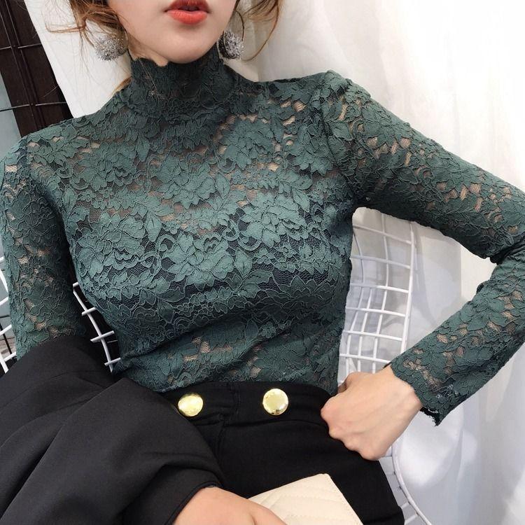 Autumn Spring Sexy Women Long Sleeve Lace Blouses High Collar Inner Wear Lace Crochet Shirt Base Tunic Top Perspective Vintage Bottom Blouse