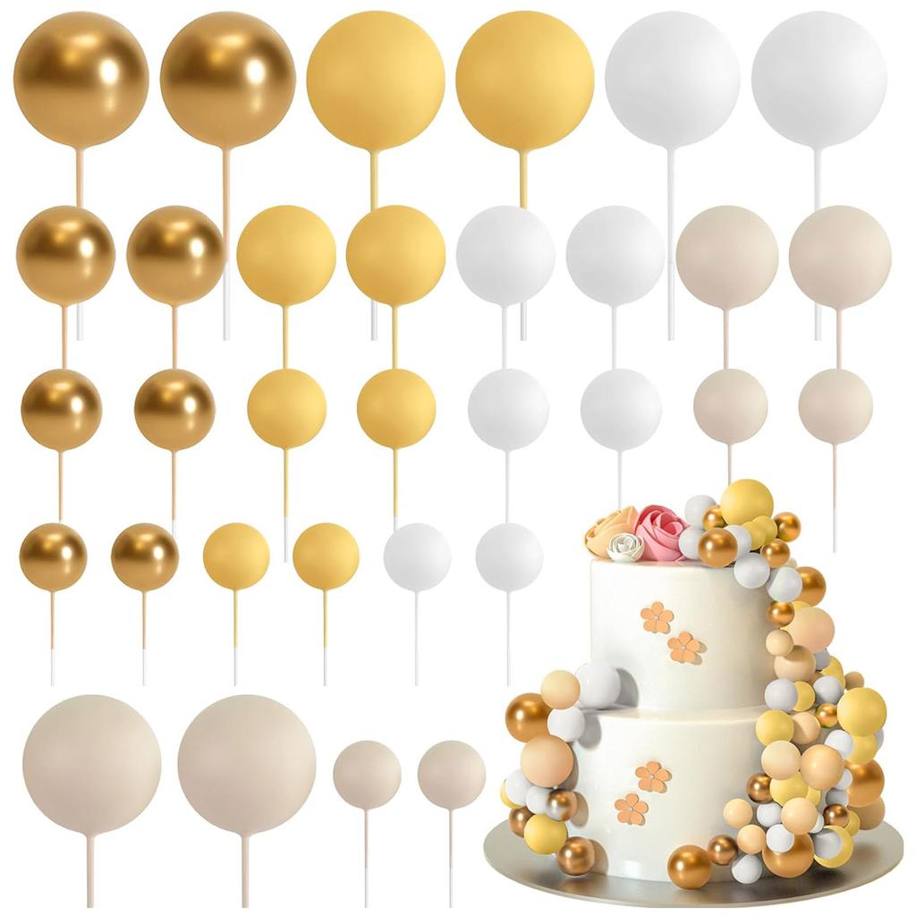 32PCS Boho Gold White Khaki Foam Balls for Cake Decorating DIY Wedding Birthday Party Cupcake Toppers Bridal Shower Decor