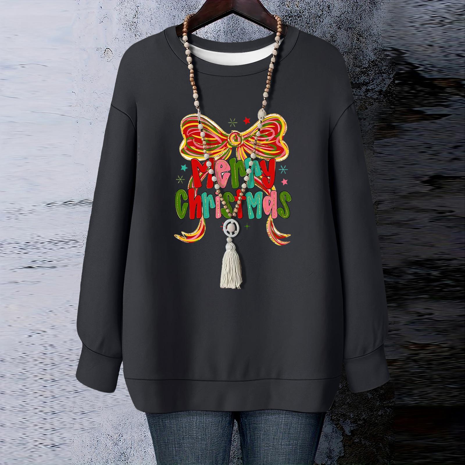 

Ladies Christmas Printed Round Neck Long Sleeved T-shirt Sweatshirt Top L чорний