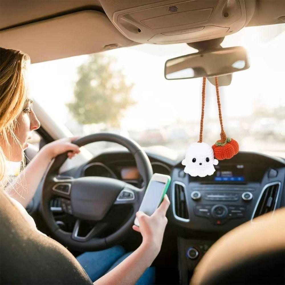 Cute Halloween Ghost Pendant Ghost Shape Crochet Halloween Decorations  Hangings Rear View Mirror