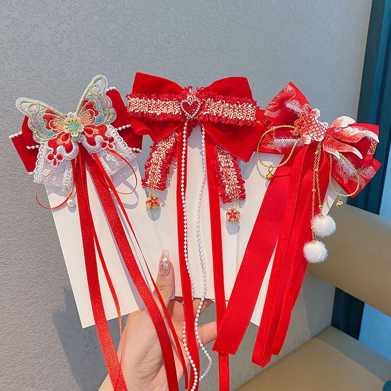 New Year Cute Pompom Kids Hair Clips Winter Plush Hairpins Braid Accessory Red Bow Princess Girl Headwear New Year Gift For Kids