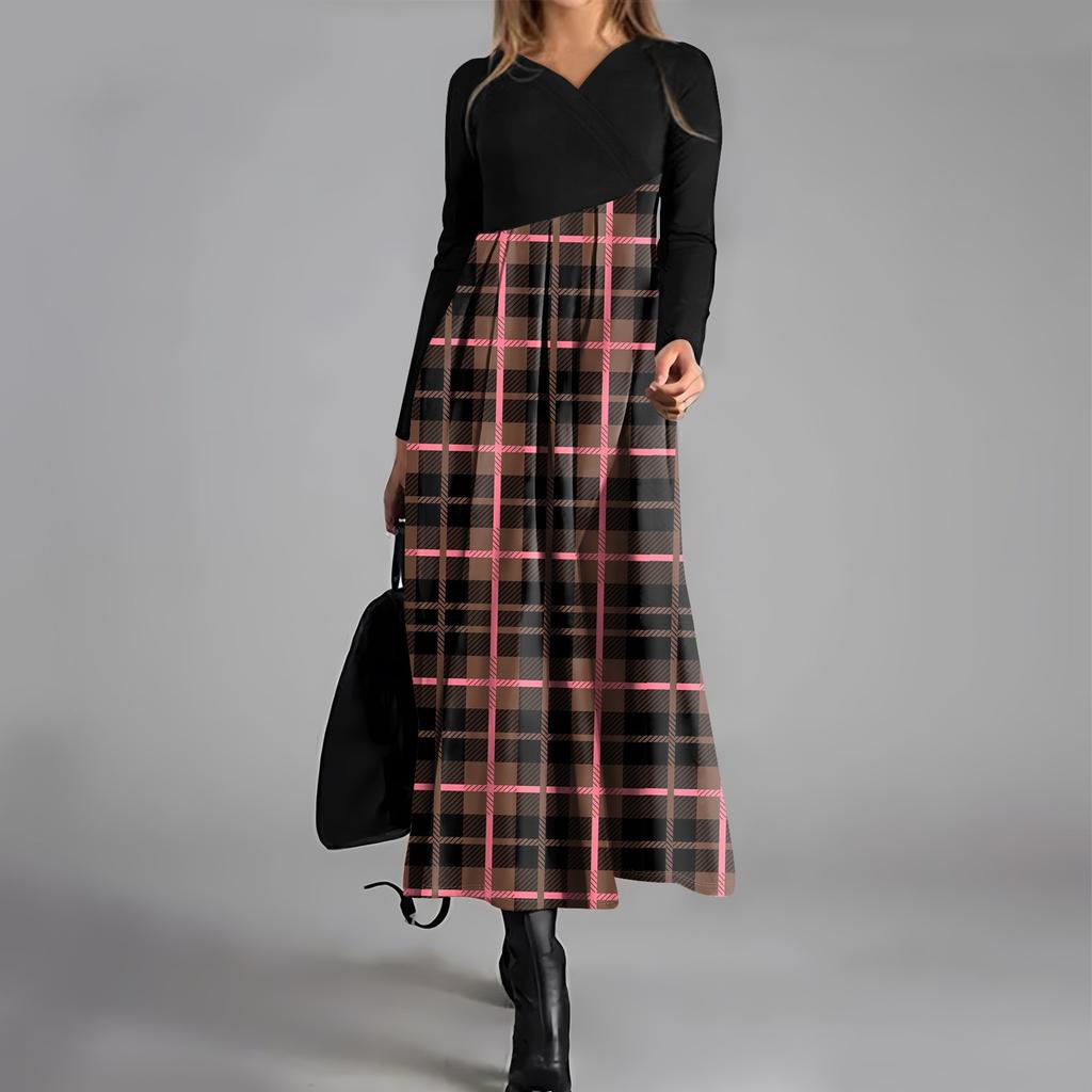 Dámské ležérní šaty s dlouhým rukávem s výstřihem do V, kostkovaným potiskem, stahovací kapsou v pase a velkými swingovými šaty