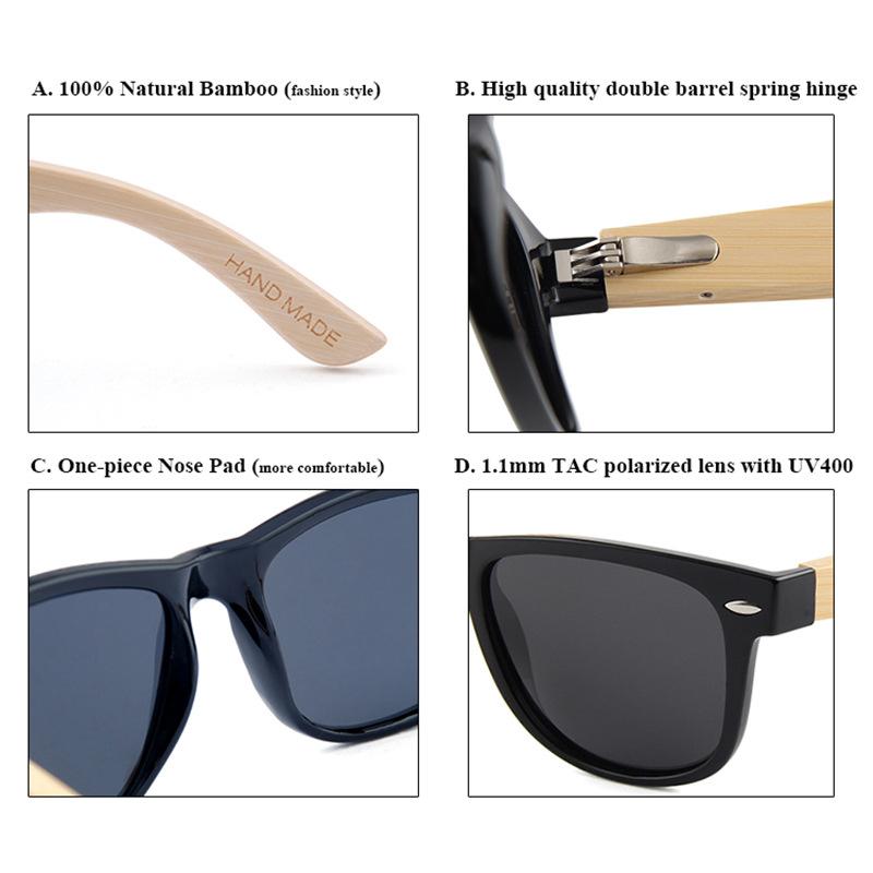New Large Frame Bamboo Temple Polarized Sunglasses Classic Rivet Vintage UV Protection Shades Bamboo Wood Glasses