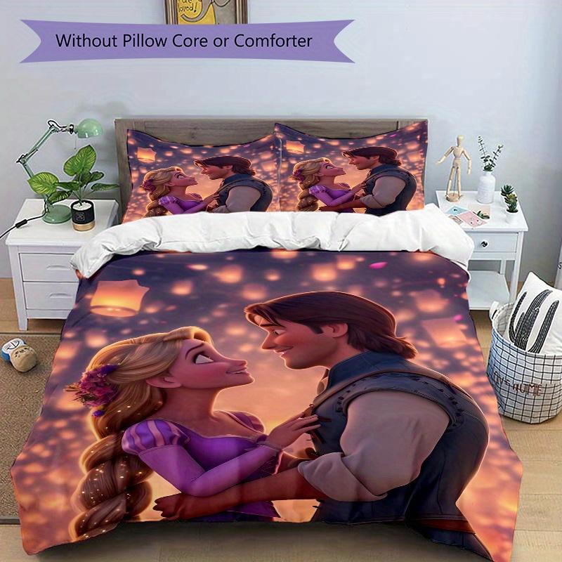 3pcs Tangled Rapunzel & Flynn Romantic Scene Printed Bedding Set, Soft and Comfortable Quilt Cover for Bedroom, Guest Room (1 Duvet Cover + 2 Pil