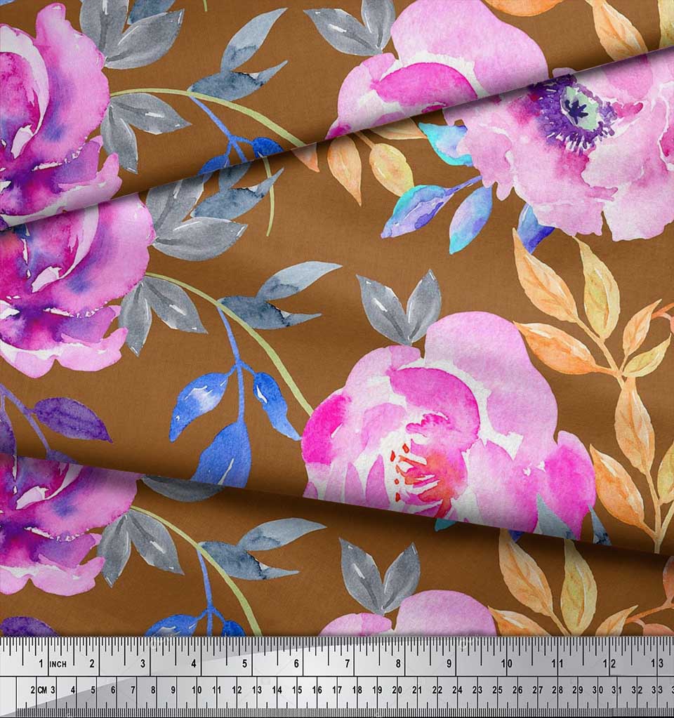 Soimoi Japan Crepe Satin Fabric Leaves & Peony Flower Print Fabric by the Metre 42 Inch